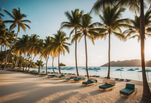 Lang række af palmer på strand