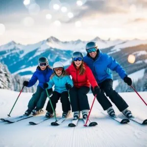 En familie står på ski ned ad en sneklædt bjerg sammen med glæde