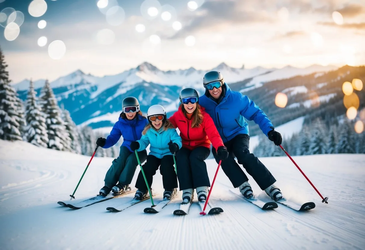En familie står på ski ned ad en sneklædt bjerg sammen med glæde